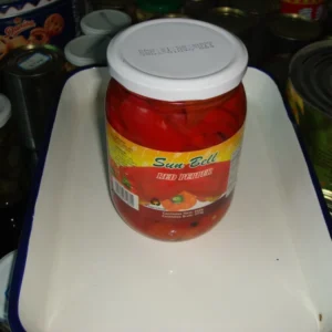 Canned Sweet Red Pepper Strips in Glass Jar